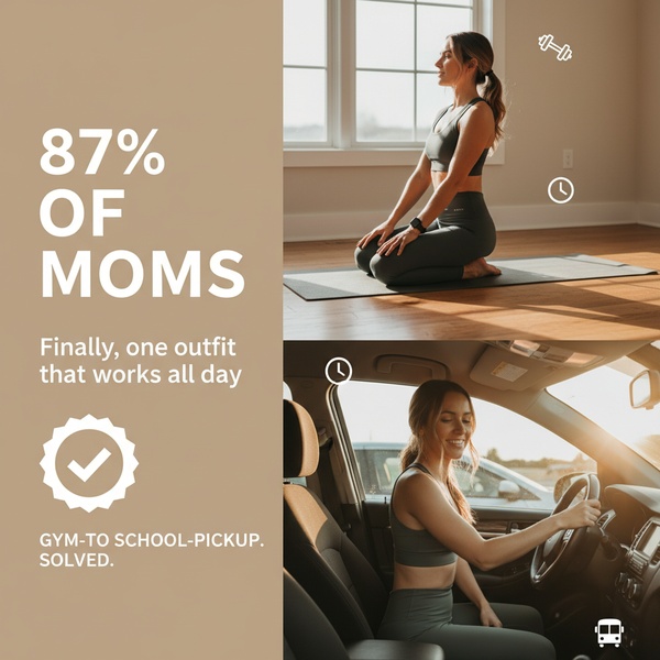 A split-screen, square-ratio creative showcasing a woman wearing matching athletic gear in two different daily settings to demonstrate versatility.